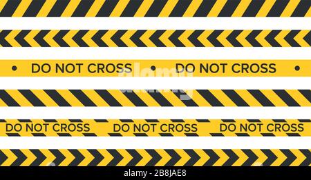 Police line and do not cross ribbons. Yellow danger tapes. Horizontal seamless borders. Vector illustration Black and yellow stripes set. Warning tapes. Danger signs. vector eps 10 Stock Vector