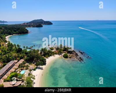 Aerial View With Drone. Beach in tropical paradise, Koh Yao Yai island in Phang-nga, Thailand. Landscape with tropical. Stock Photo