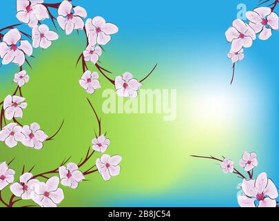 Cherry blossom pattern. Modern abstract pink sakura design template on blue backdrop. Vintage japanese vector template with pink the sakura flowers on Stock Vector