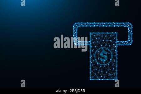 ATM or terminal made from points and lines on dark blue background, cash withdrawal wireframe mesh polygonal vector illustration Stock Vector