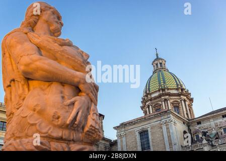 Sculpture of Pretorian Fountain and San Giuseppe dei Teatini church on Piazza Pretoria also called Square of Shame in Palermo, Sicily Island in Italy Stock Photo