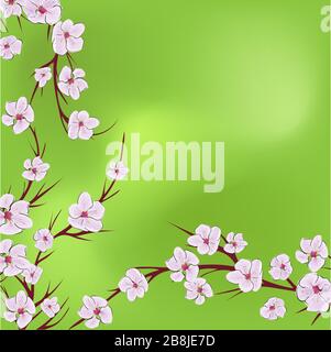 The sakura flowers, great design for any purposes. Nature seamless pattern. Japanese illustration with pink the sakura flowers on green background Stock Vector