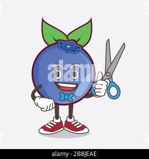 An illustration of Blueberry Fruit cartoon mascot character as smiling barber with scissors on hand Stock Photo