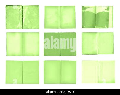 Green  open notebook set. Isolated green books collection Stock Photo