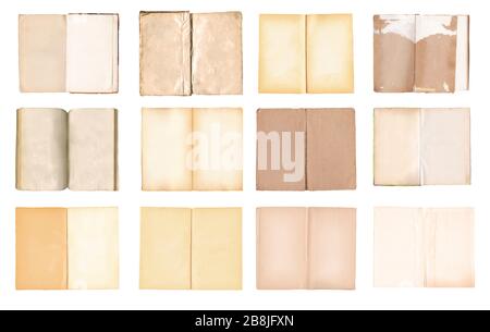 Set of different old book open. Collection of different  open old books isolated on white background. Stock Photo