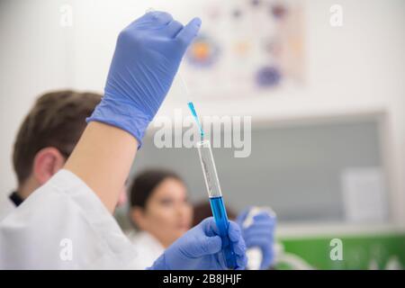 A group of scientists conducts research in a scientific laboratory using advanced technology. COVID-19. COVID Coronavirus Stock Photo