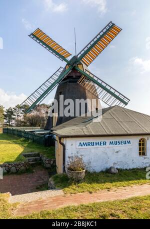 Historic windmill and museum builiding at the village of Nebel on German North Sea island of Amrum Stock Photo