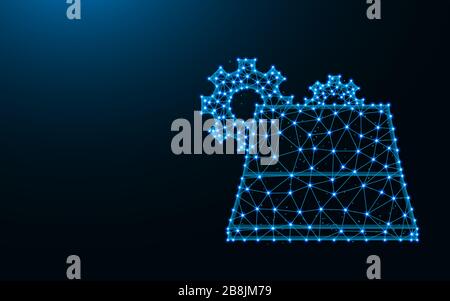 Laptop repair made from points and lines on dark blue background, electronic equipment wireframe mesh polygonal vector illustration Stock Vector