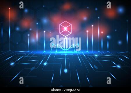 Abstract technology background with virus on circuit and binary number pattern on floor, hexagon wall, light beam and sparkle effect. Stock Vector