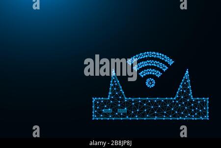 Wi-Fi router made from points and lines on dark blue background, device for internet distribution wireframe mesh polygonal vector illustration Stock Vector