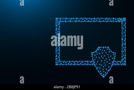 Window and shield made from points and lines on dark blue background, web protection wireframe mesh polygonal vector illustration Stock Vector