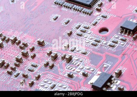 Microchip of the electronic control unit. Cpu chipset on printed circuit board. Stock Photo