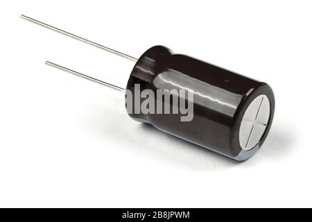 Electrolytic capacitor isolated on white background. High resolution photo. Full depth of field. Stock Photo