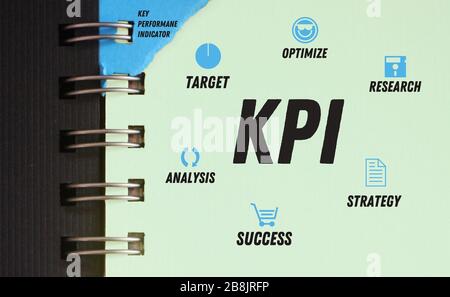 KPI scheme in copybook including target optimize research analysis success strategy. Project management mind map. Business concept for presentations Stock Photo