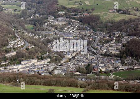 aerial view of Hebden Bridge town in West Yorkshire, UK Stock Photo