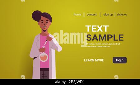 female scientist holding test tube with fluid woman researcher in white coat making chemical experiment in laboratory medical research concept portrait horizontal copy space vector illustration Stock Vector
