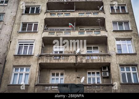 Sofia - February 27, 2020: prefabricated house in the city on settlements. Stock Photo