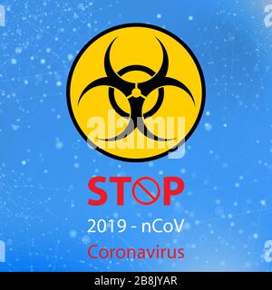 Stop Pandemic Novel Coronavirus Sign and Biohazard Logo on Blue Background Stock Vector