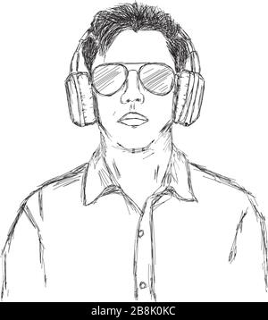 Vector Illustration of a Man with wireless headphones and sunglasses Stock Vector