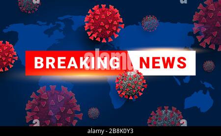 Breaking News text with coronavirus cell virus on blue background. Italy Coronavirus COVID-19 2019-NCOV News Stock Vector