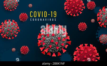 Coronavirus pandemic medical infographics horizontal background with infected covid 19 cells or bacteria on a dark blue background. COVID-19, dangerous virus vector illustration Stock Vector