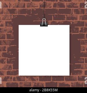 Poster mock up realistic.Poster hanging on a thread with black clip. Mock up. Portfolio presentation concept.Hanging white paper on a wall background Stock Vector