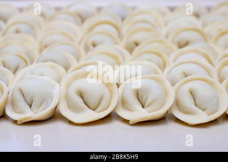 Raw russian pelmeni on cutting board and ingredients for homemade pelmeni on white table. dumplings with meat Stock Photo