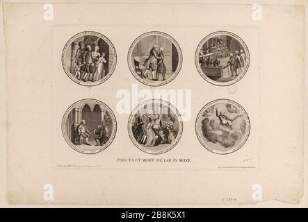 French Revolution: board with six medallions representing the arrest, trial, Louis XVI's farewell to his family and his apotheosis (TF). Stock Photo