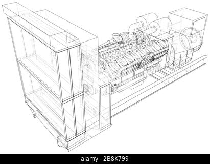 High voltage industrial standby dieasel generator at a power generation. The layers of visible and invisible lines are separated. EPS10 format. Wire-f Stock Vector