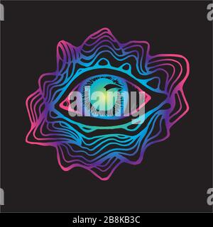 Color neon drawing of the eye, inscribed in a circle of pattern and mountains. Good idea for a tattoo. Stock Vector