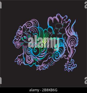 Color neon illustration of chinese qilin. Chinese unicorn lion dragon. Stock Vector