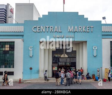 Front of Central Market an Art Deco style building housing arts, craft and souvenir shops and a foodcourt, Kuala Lumpur Malaysia. Stock Photo
