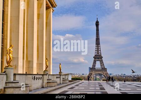 France, Paris, Human rights forecourt and the Eiffel Tower during the containment of Covid 19 Stock Photo