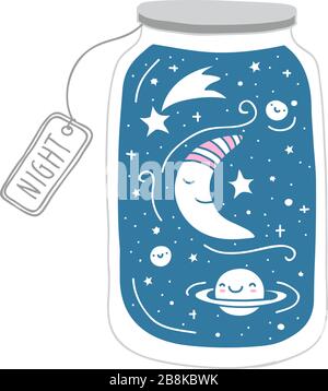 Cute illustration of a night sky in a jar. Stock Vector