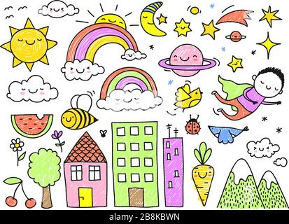 Cute childish drawings of various subjects, colored imperfectly Stock Vector