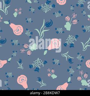 pears, gooseberries, and flowers seamless vector pattern Stock Vector