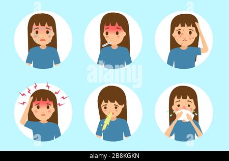 Vector of a little girl with symptoms of viral infection fever, cough, vomiting body aches Stock Vector