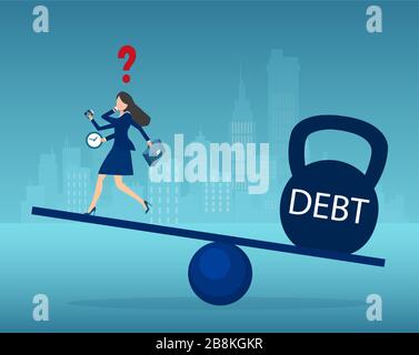 Vector of a busy businesswoman balancing with heavy debt financial burden Stock Vector
