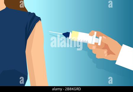 Vector of a doctor with syringe injecting vaccine to a patient shoulder. Stock Vector