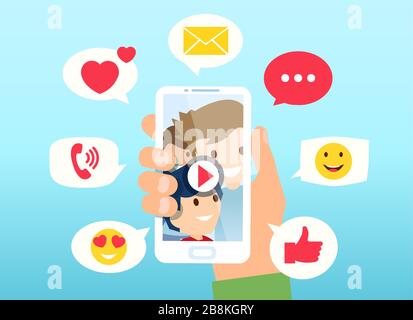 Vector of a young man watching viral content on a smartphone with likes, shares and comments icons popping up on mobile phone Stock Vector
