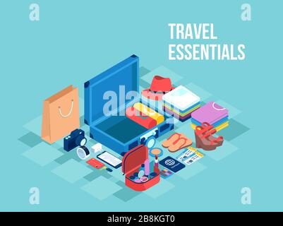 Vector of a suitcase with arranged in order objects and clothes from a traveler checklist Stock Vector