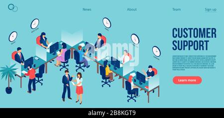 Vector of a customer service center and team of employees advising clients worldwide Stock Vector