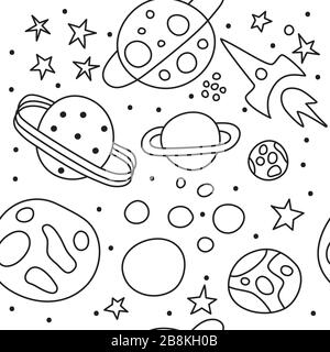 Seamless space pattern, stars, planets and rocket, black and white line space background, hand drawn sketch illustration Stock Vector