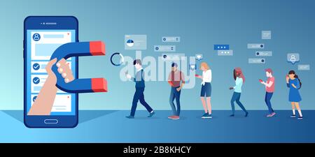 Vector of a group of people using mobile gadgets communicating being attracted by social media app platform Stock Vector