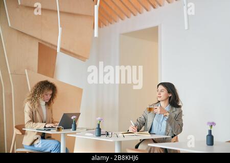 Wide angle portrait of two young women in business casual working or studying sitting at separate tables in indoor cafe, copy space Stock Photo