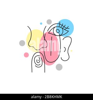Abstract color poster with sensory organs, sight, touch, sense of smell, taste, hearing. Line modern illustration with nose, eye, ear, tongue. Vector sketch Stock Vector