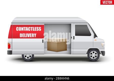 Contactless delivery van with parcel Stock Vector