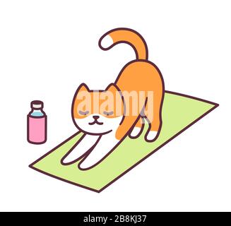 Cartoon cat doing yoga pose, stretching in fitness class. Ginger kitty in simple cute style, vector clip art illustration. Stock Vector