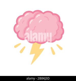 Brainstorm drawing, cartoon brain with storm lightning. Creative thinking and problem solving. Isolated vector clip art illustration. Stock Vector