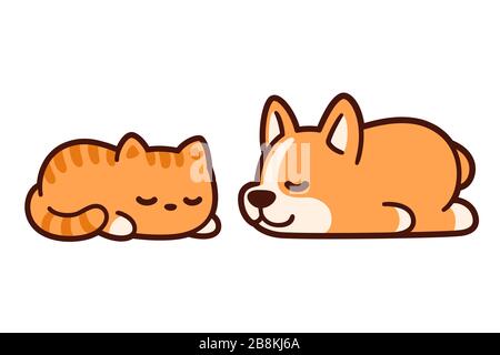 Cute cartoon corgi puppy and ginger kitten sleeping together. Adorable sleeping cat and dog drawing, vector illustration. Stock Vector